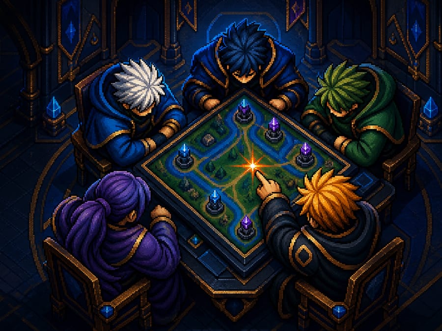 Five players lean over a glowing strategy board, one pointing at a spark in the middle.